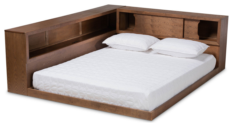 Superia Modern Walnut Brown Queen Size Platform Storage Bed With Built-In Outlet