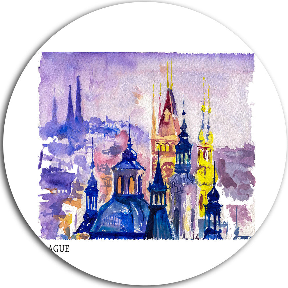 Prague Vector Illustration, Cityscape Painting Disc Metal Wall Art, 36"