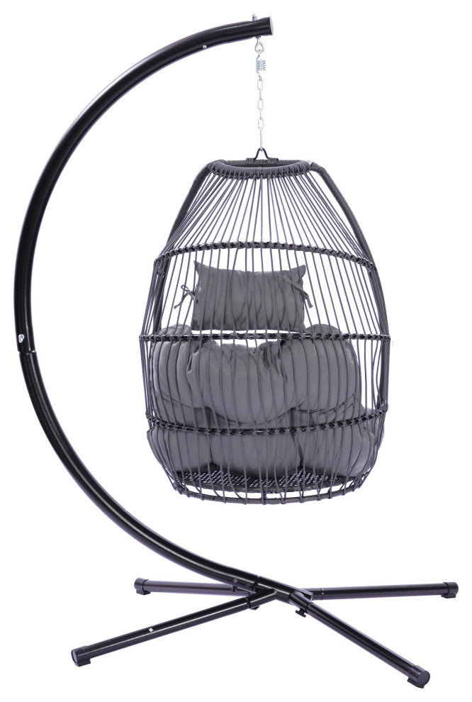 Outdoor Patio Wicker Folding Swing Chair Hanging With Bracket and Cushion Pillow
