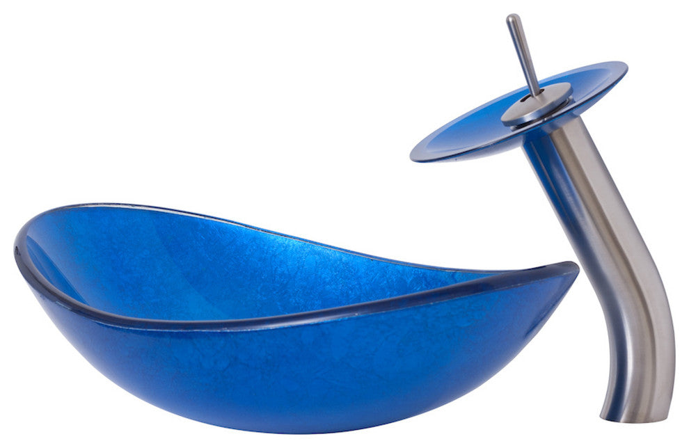 Azzurro Slipper Blue Foiled Glass Vessel Bathroom Sink Combo with Faucet Drain, Brushed Nickel