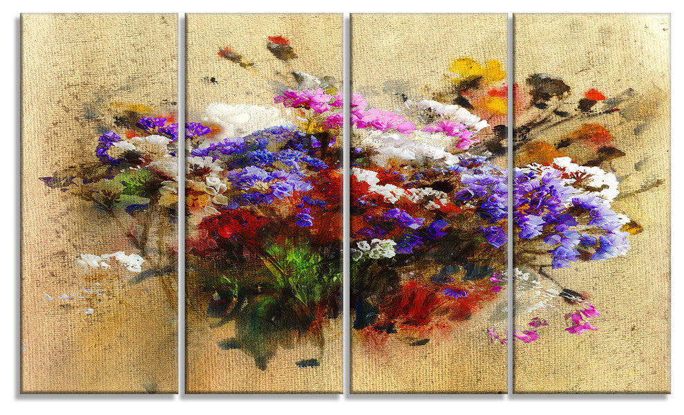 Floral Still with Bunch of Flowers, Floral Art Canvas Print, 48"x28", 4 Panels