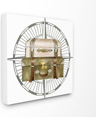 Pink and Brown Luggage Stack Illustration with Compass Rose Canvas, 17"x17"