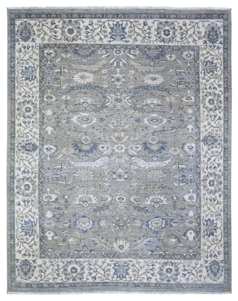 Electric Gray Heris Serrated Leaf Pattern Wool Hand Knotted Rug, 7'10"x9'9"