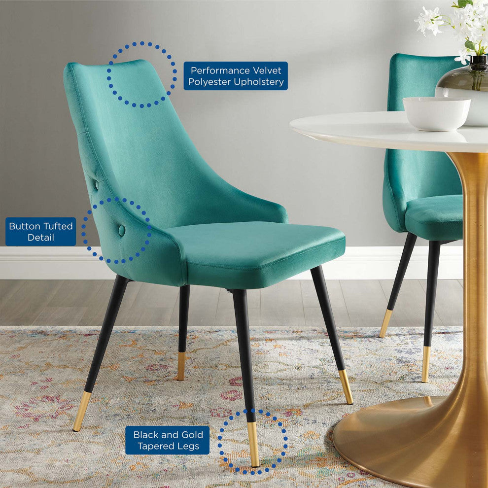 Tufted Side Dining Chair, Velvet, Teal Blue, Modern, Cafe Bistro Restaurant