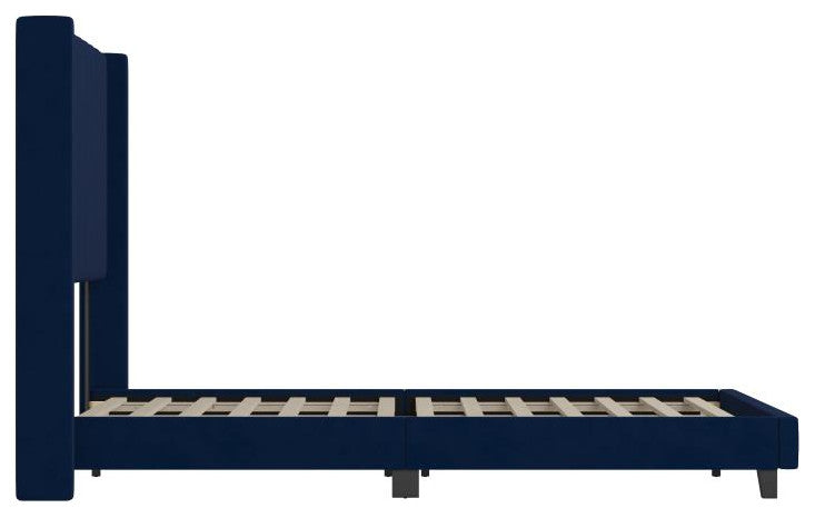 Bianca Upholstered Platform Bed w/Vertical Stitched Wingback Headboard, Navy Velvet, Queen