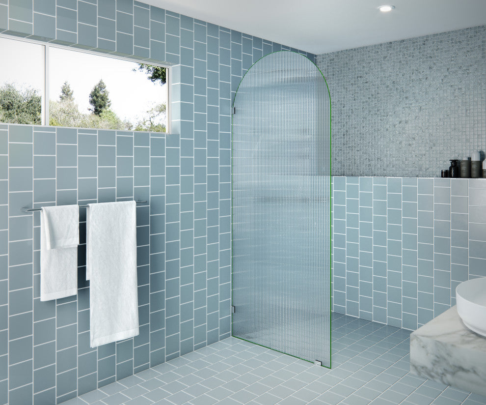 34"x86.75" Frameless Shower Door, Arched Fluted Single Fixed Panel, Polished Chrome