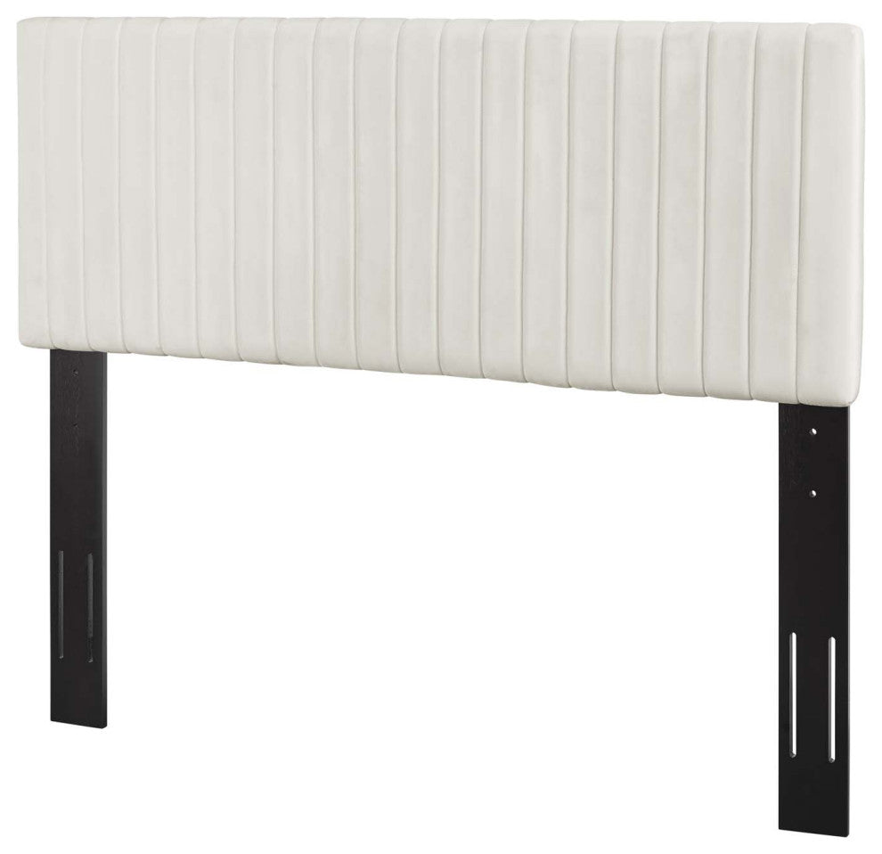 Contemporary Modern Full and Queen Size Headbaord, Velvet Fabric, Ivory White
