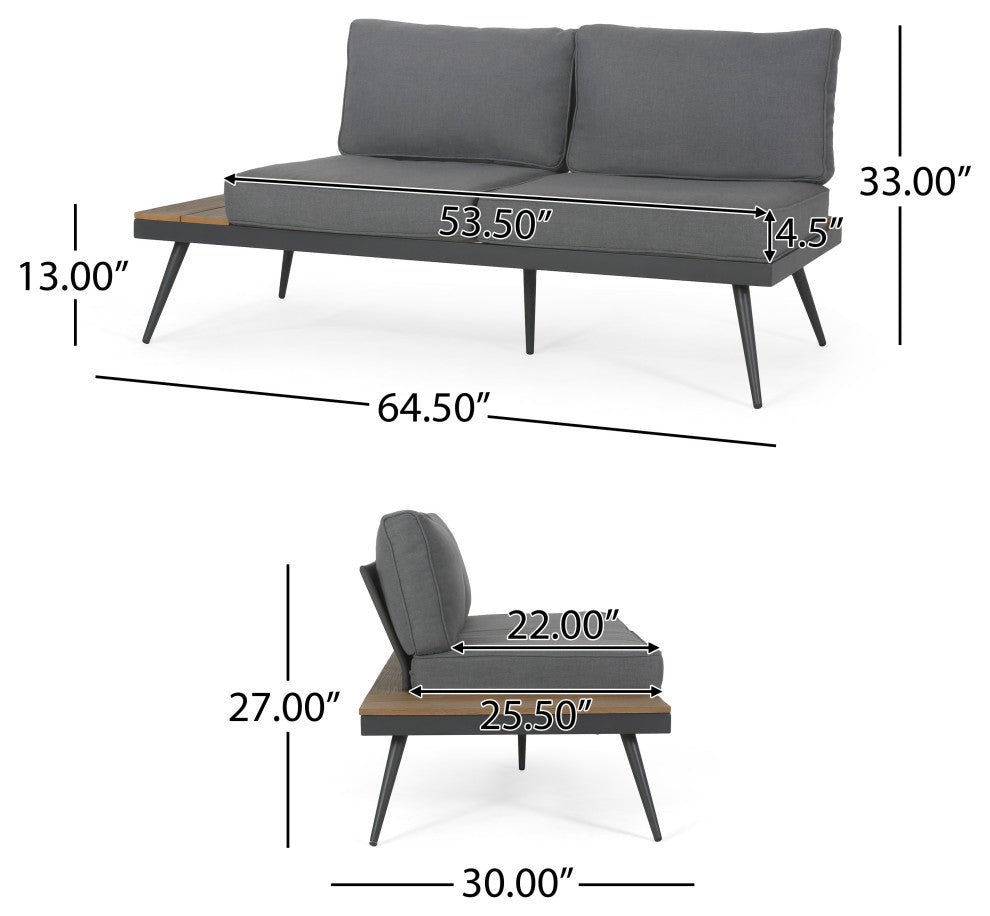 GDF Studio Deborah Outdoor Faux Wood and Aluminum V-Shaped 5 Seater Sofa Set, Natural Finish/Gray