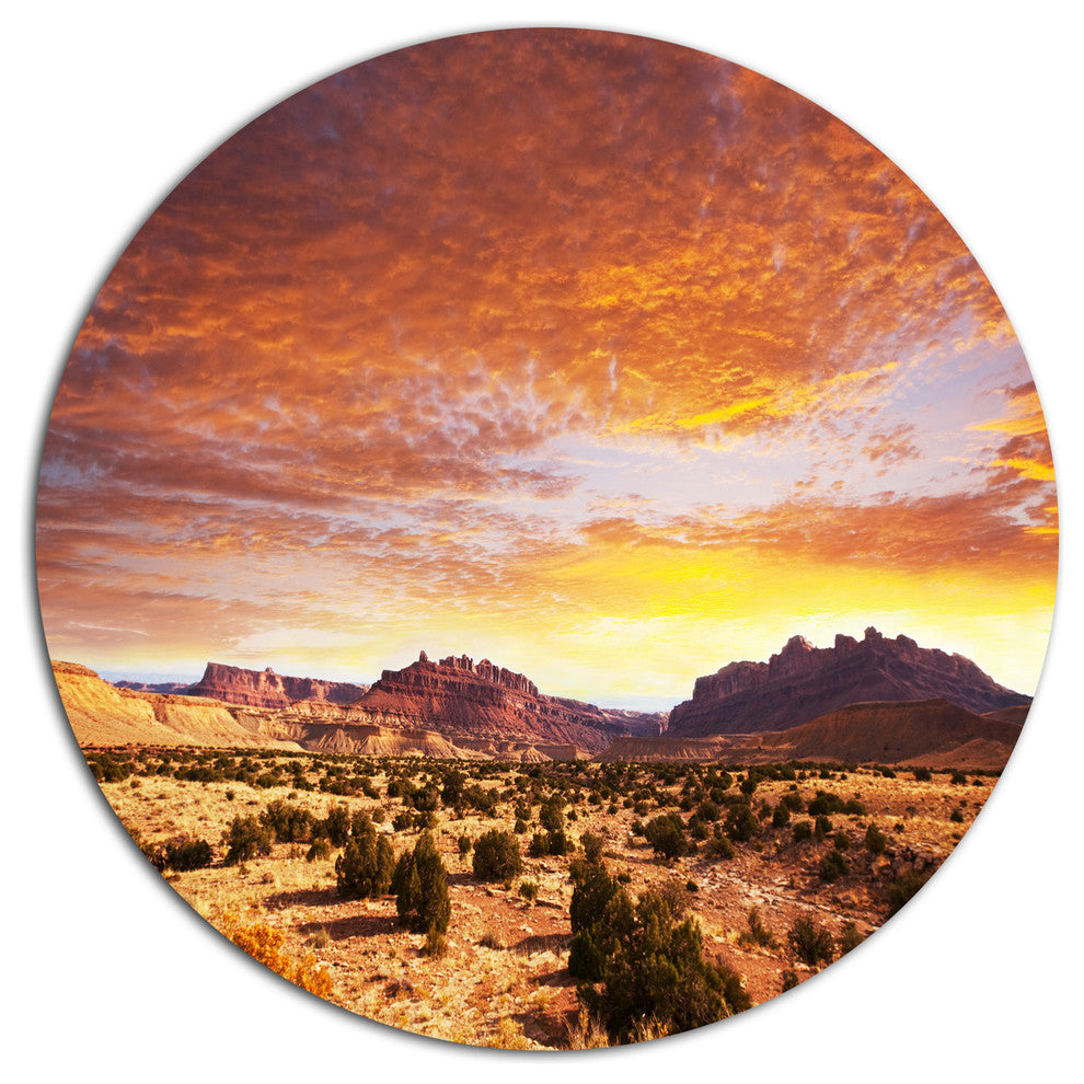 Land With Thick Clouds At Sunset, African Round Metal Wall Art, 36"