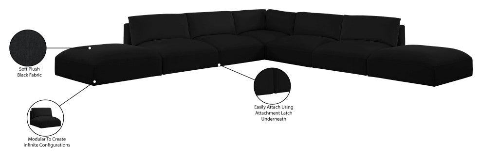 Ease Fabric Upholstered L-Shaped Modular Sectional, Black, 8 Piece: 2 Corner, 6 Armless