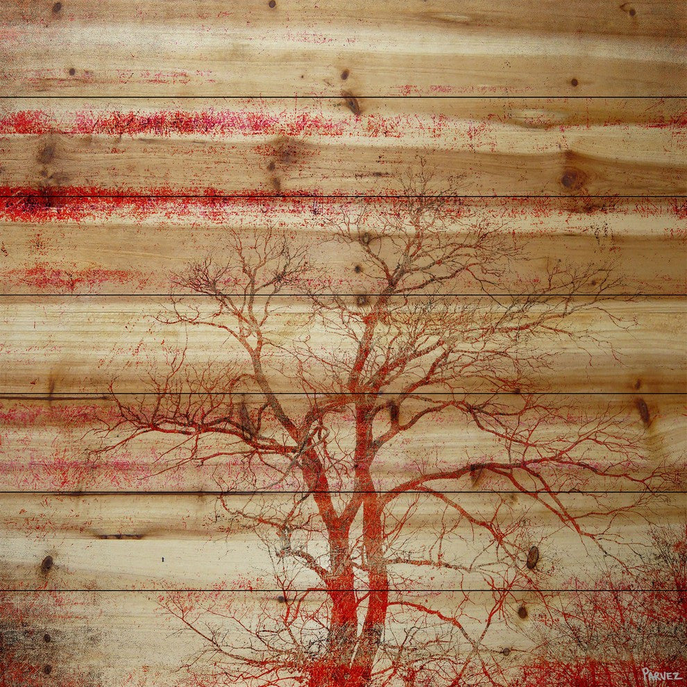 "Red Branches" Print on Natural Pine Wood, 32"x32"