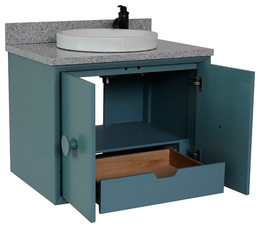 31" Single Wall Mount Vanity, Aqua Blue Finish With Gray Granite Top