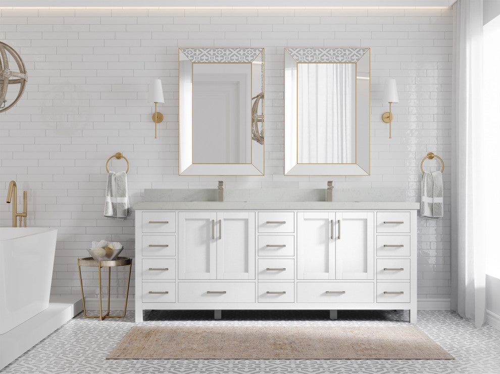Malibu 84 Double Sink Bath Vanity in White  2" Carrara Quartz