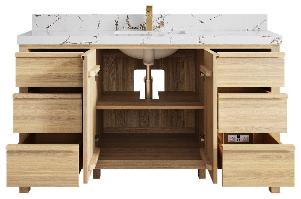 Elizabeth Oak 60" Single Sink Vanity, White 2" Viola Brown