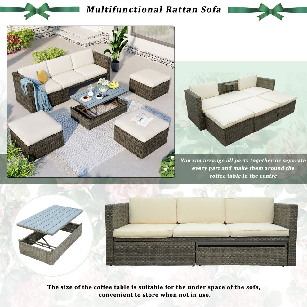 5-Piece Outdoor Wicker Patio Sofa with Ottomans and Lift Top Coffee Table, Gray