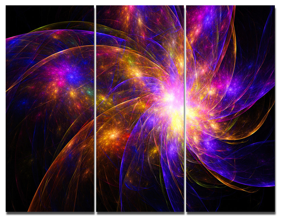 Purple Fractal Star Pattern, Abstract Triptych Canvas Art Print, 36x28, 3 Panels