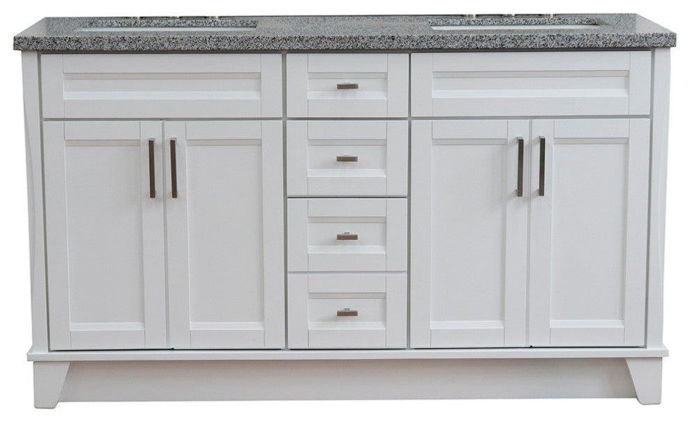 61" Double Sink Vanity, White Finish And Gray Granite And Rectangle Sink