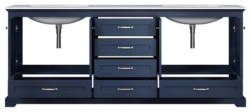 Dukes 80" Vanity, Wht Carrara Marble Top, Wht Sq Sinks & No Mirror, Navy Blue