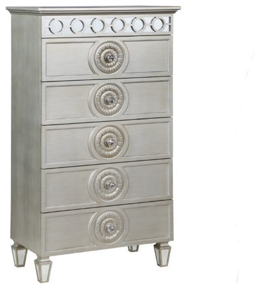 Benzara BM275684 Modern Tall Dresser Chest With 5 Drawers, Round Knobs, Silver