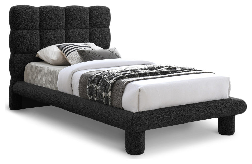 Deco Boucle Fabric Upholstered Full Bed, Black, Twin