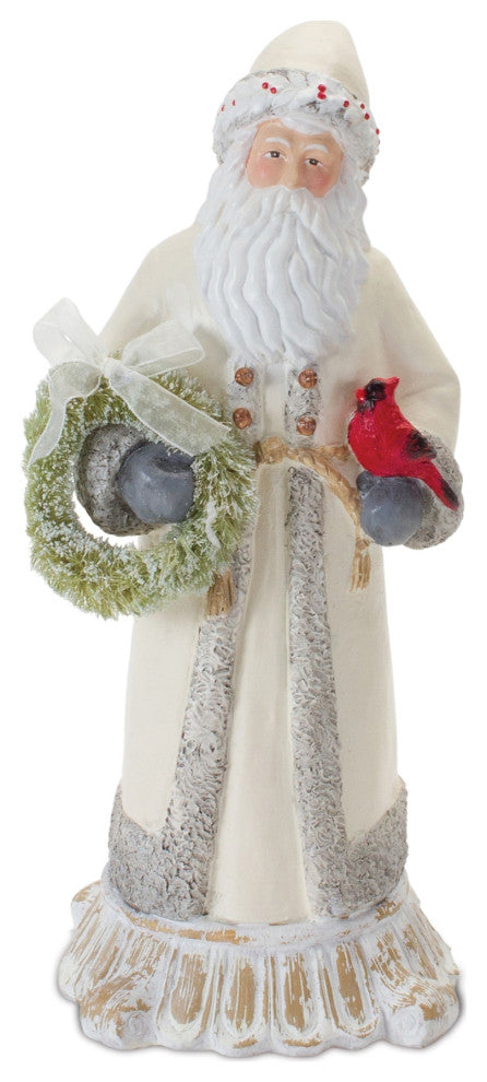 Santa Figurine With Cardinal and Wreath 12"H