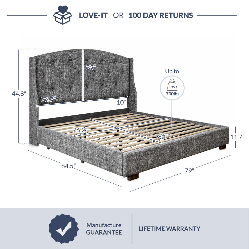 King Bed Frame with Headboard 4 Storage Drawers - Gray