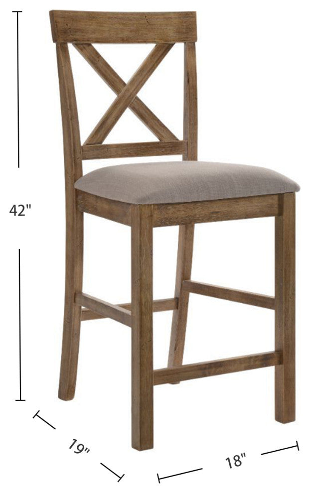Set of 2 Linen Upholstered Counter Height Chair, Tan Linen/Weathered Oak