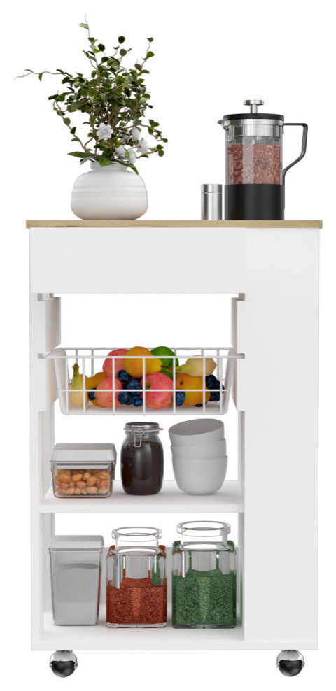 Shelton Kitchen Cart with 5 Open Shelves, Rack, and 4 Casters, White/ Light Oak