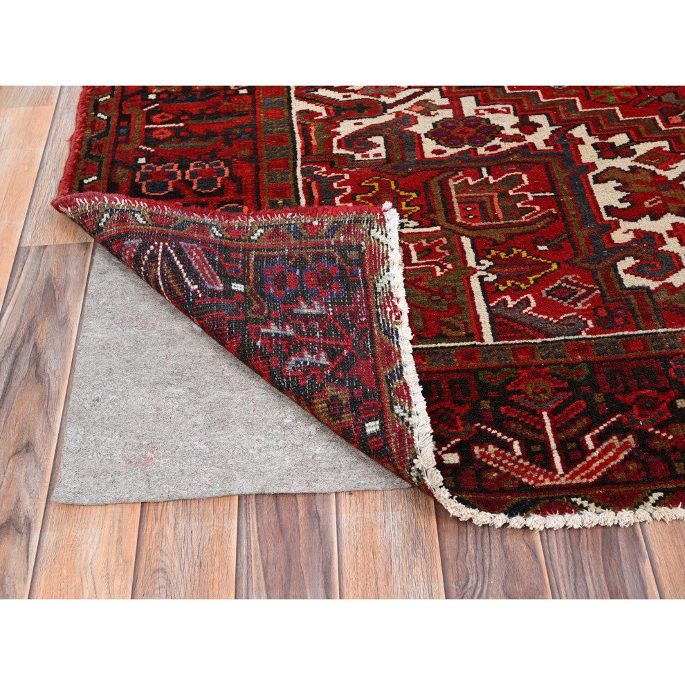 Imperial Red Semi Antique Persian Heriz Worn Wool Hand Knotted Rug 8'2"x11'3"