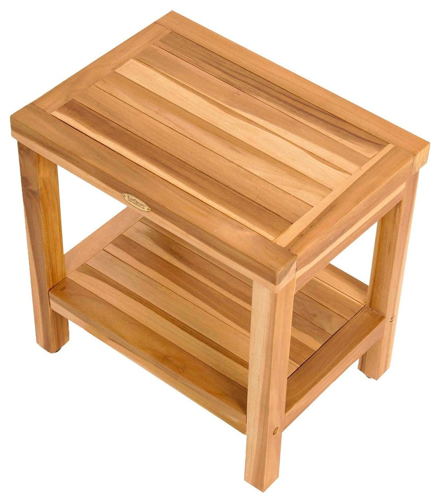 EcoDecors EarthyTeak Classic Teak Shower Bench With Shelf, 18"