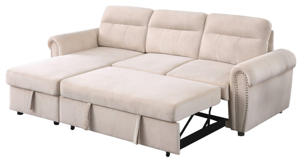 Ashton Velvet Fabric Reversible Sleeper Sectional Sofa Chaise, Beige