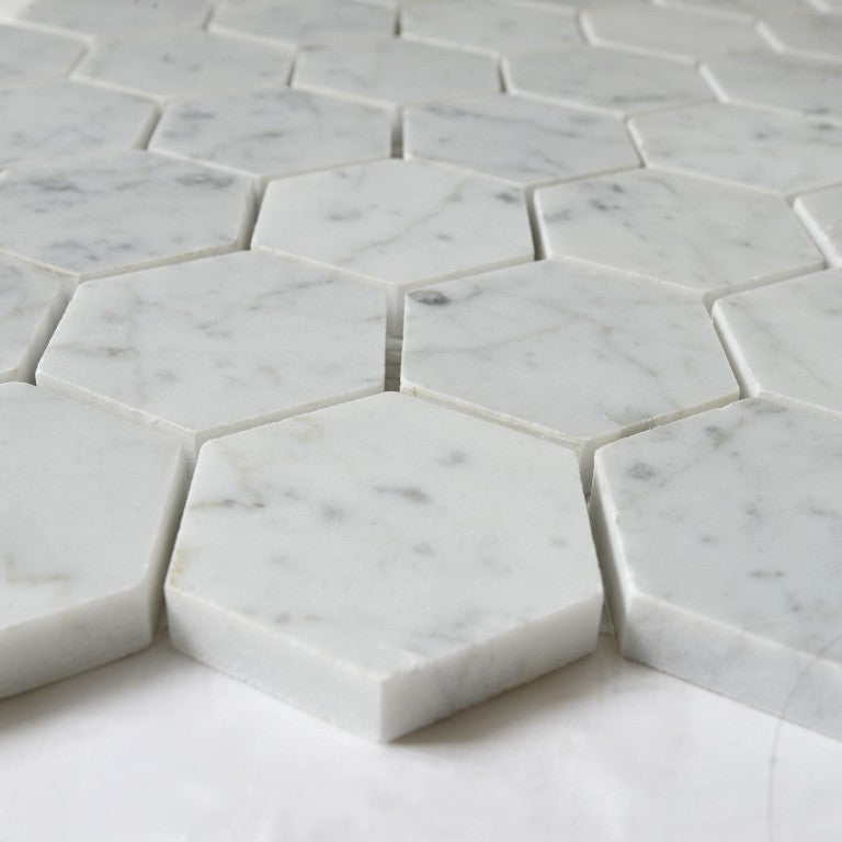 Carrara White Hexagon Polished Tile, 12"x12", Set of 30