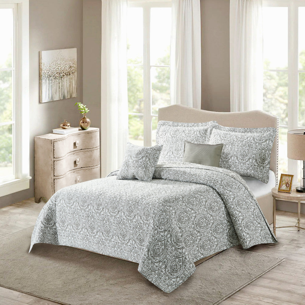 Visionary 5 Piece Quilt Bed Spread Sets, Gray, King, 102"x90"