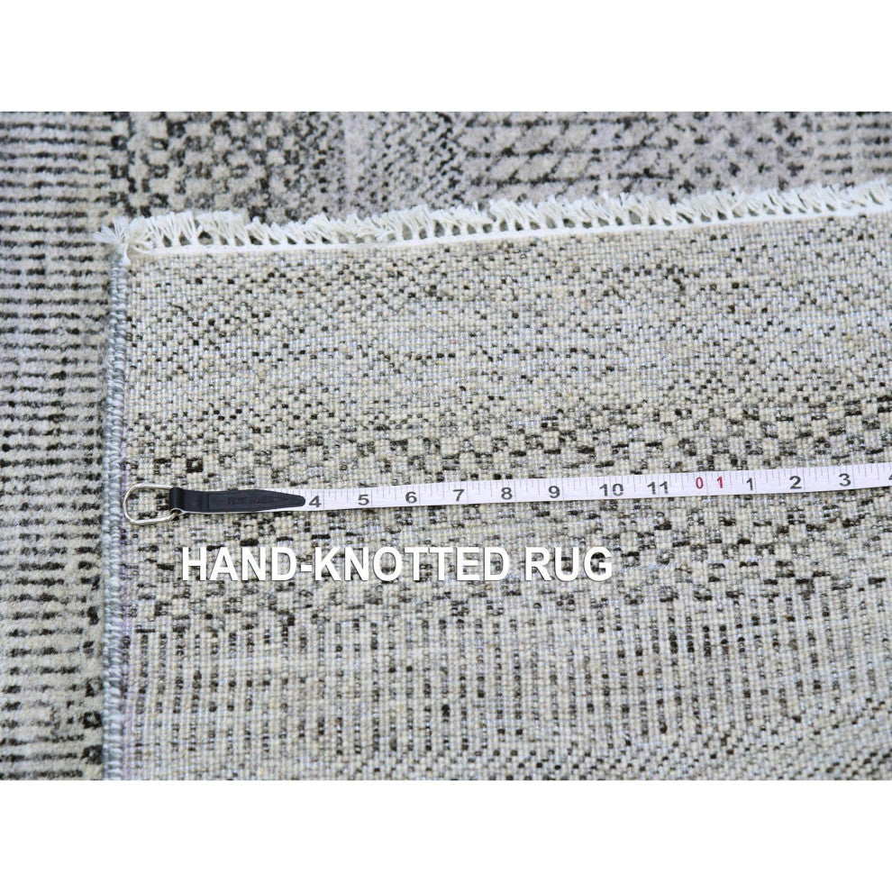 Metallic Gray Grass Design Undyed Wool Hand Knotted Wide Runner Rug 4'1"x12'1"