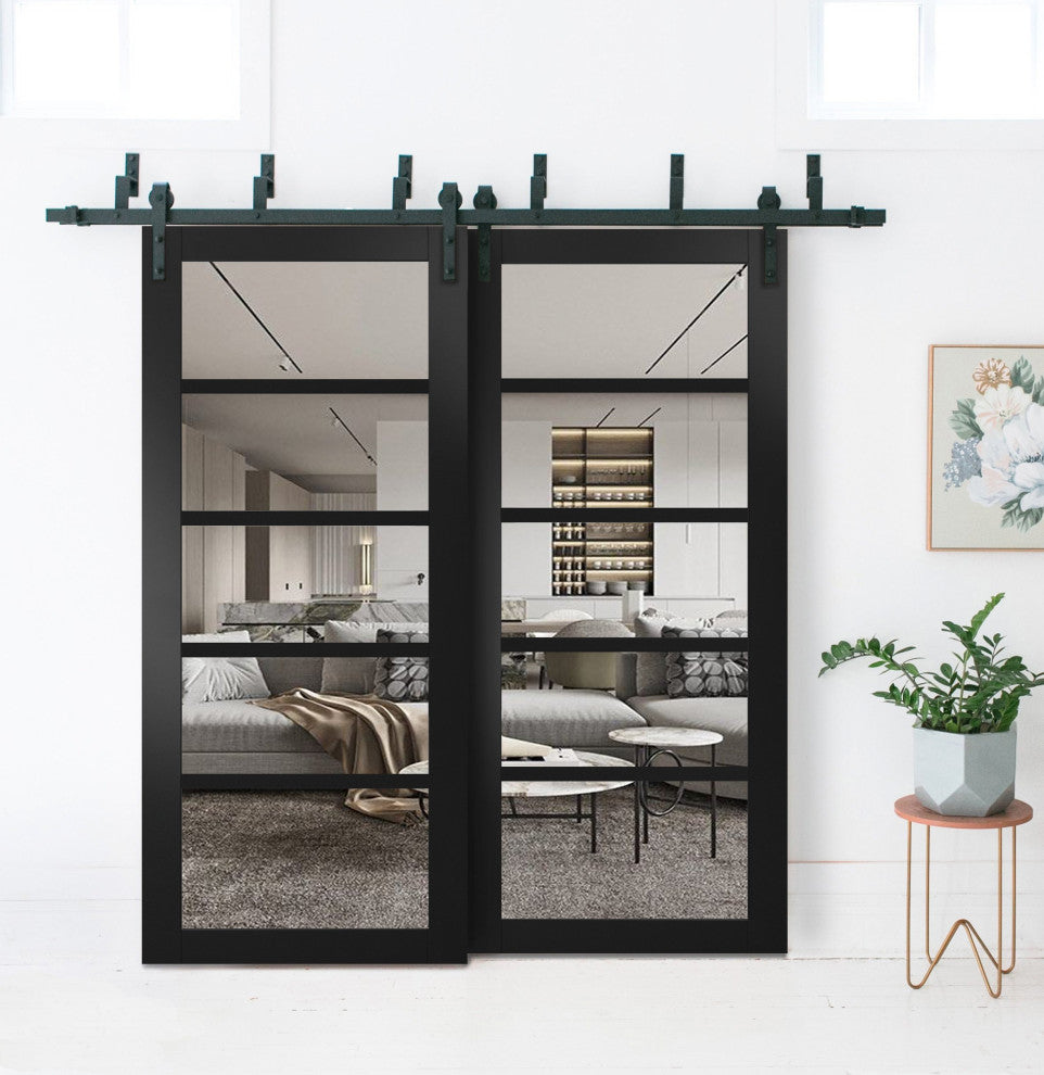 Barn Bypass Doors 84 x 96, Quadro 4522 Matte Black & Clear Glass, 8' Rails