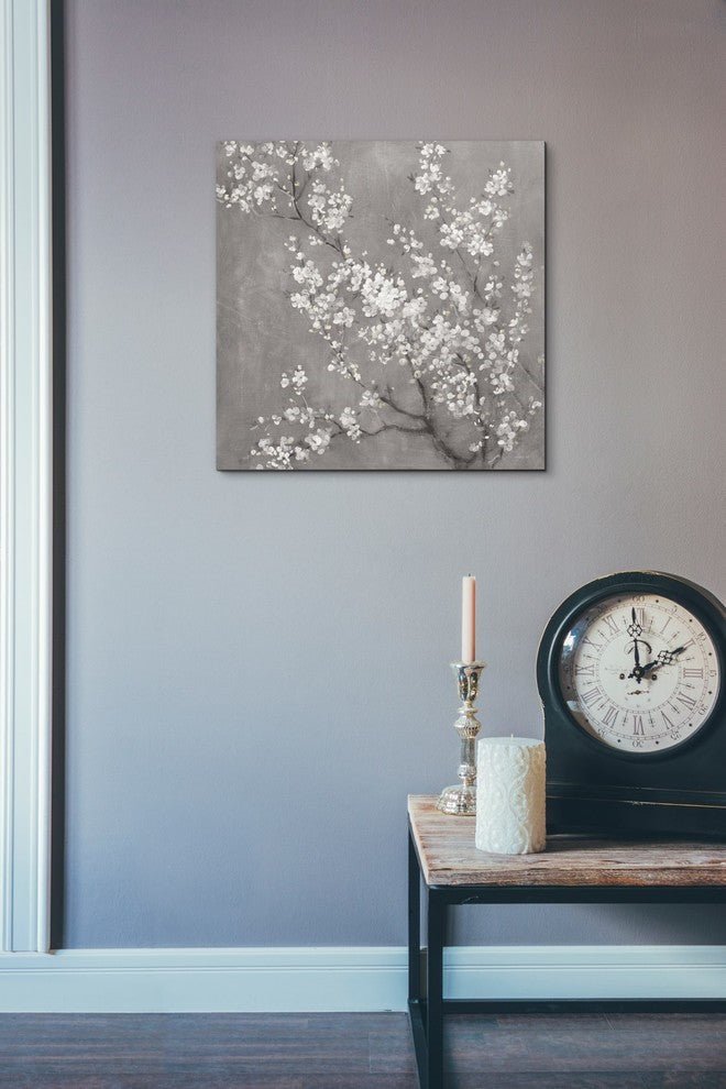 "White Cherry Blossom II on Grey" Giclee Canvas Wall Art, 18"x18"