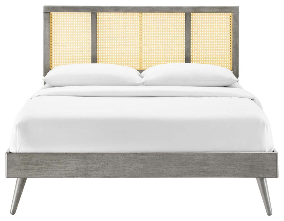 Platform Bed Frame, King Size, Wood, Gray, Modern Mid-Century, Bedroom