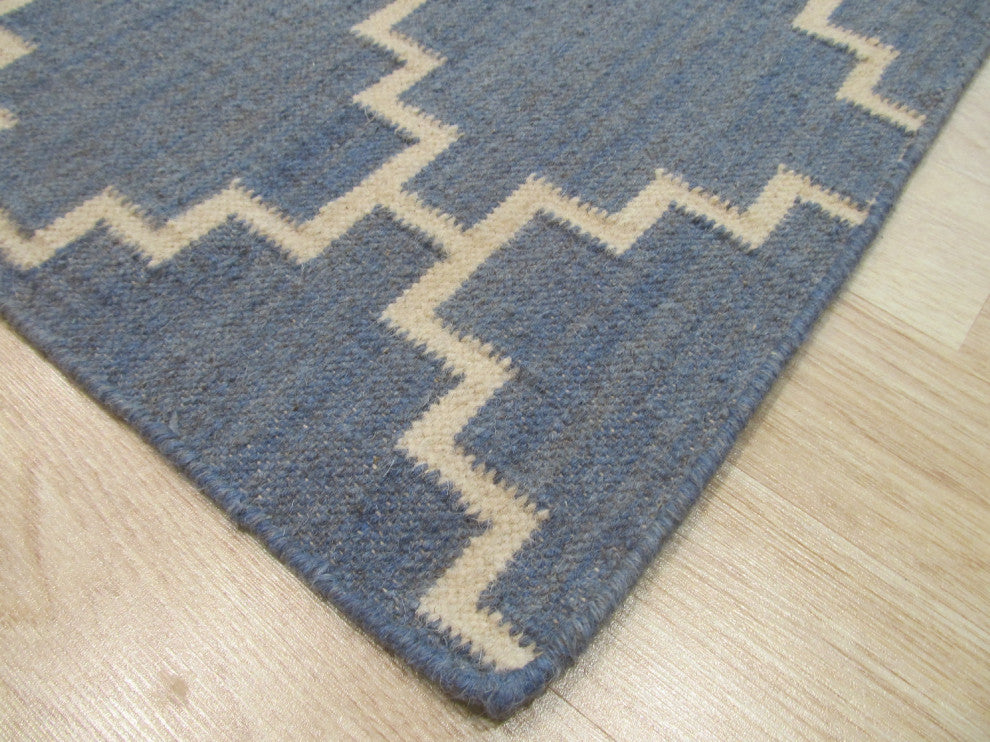 Handmade Wool Blue Contemporary Trellis Flatweave Reversible Moroccan Rug, 12'x15'