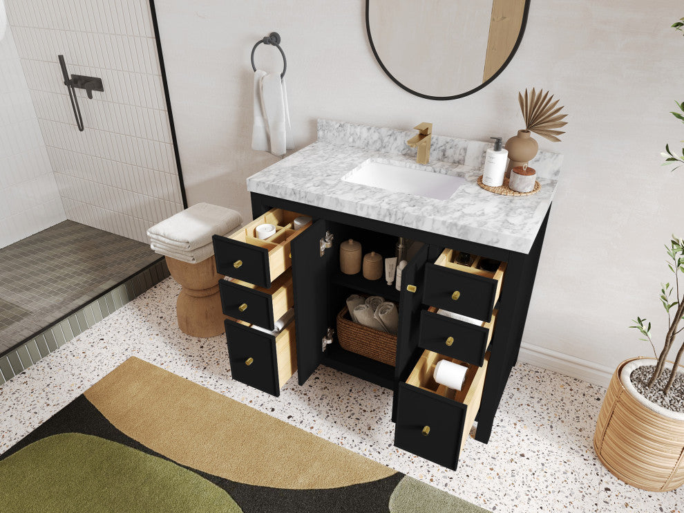 Chicago 42" Single Sink Bathroom Vanity, Black 2" Carrara Quartz