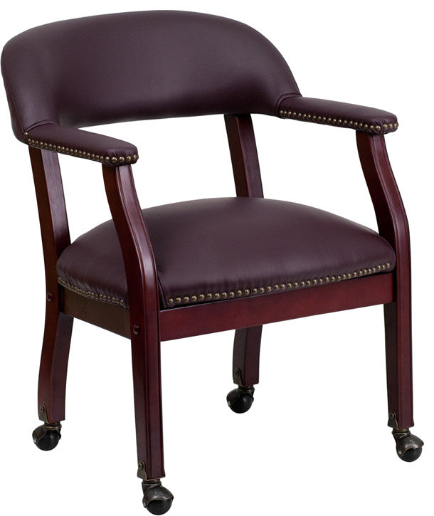 Burgundy Top Grain Leather Conference Chair With Casters