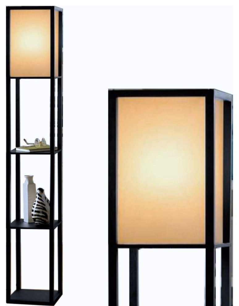 Floor Lamp with Shelves 63" Tall Wood with White Linen Shade