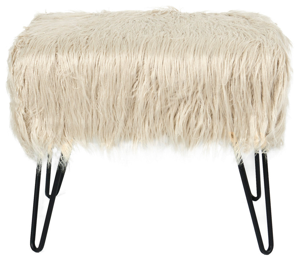 Mongolian Fur Ottoman, Oatmeal, 19''x13''x17''