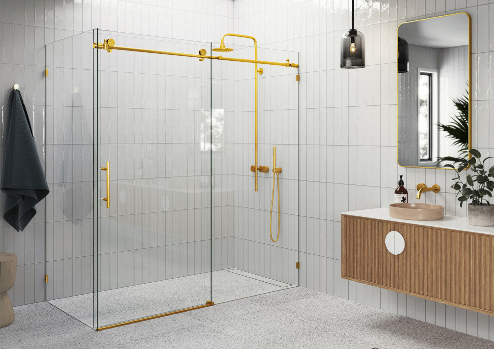 68"-72"x30"x78" Frameless Sliding Shower Door With Return Panel, Satin Brass