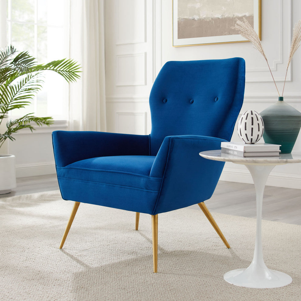 Armchair Accent Tufted Chair, Blue Navy, Velvet, Modern, Mid Century Lounge
