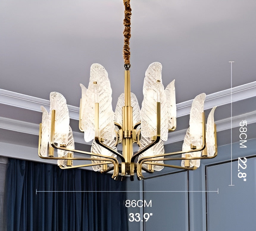 Lyss | Luxury Brass Chandelier with Leaves of Frosted Glass for Living Room, 15 Lights