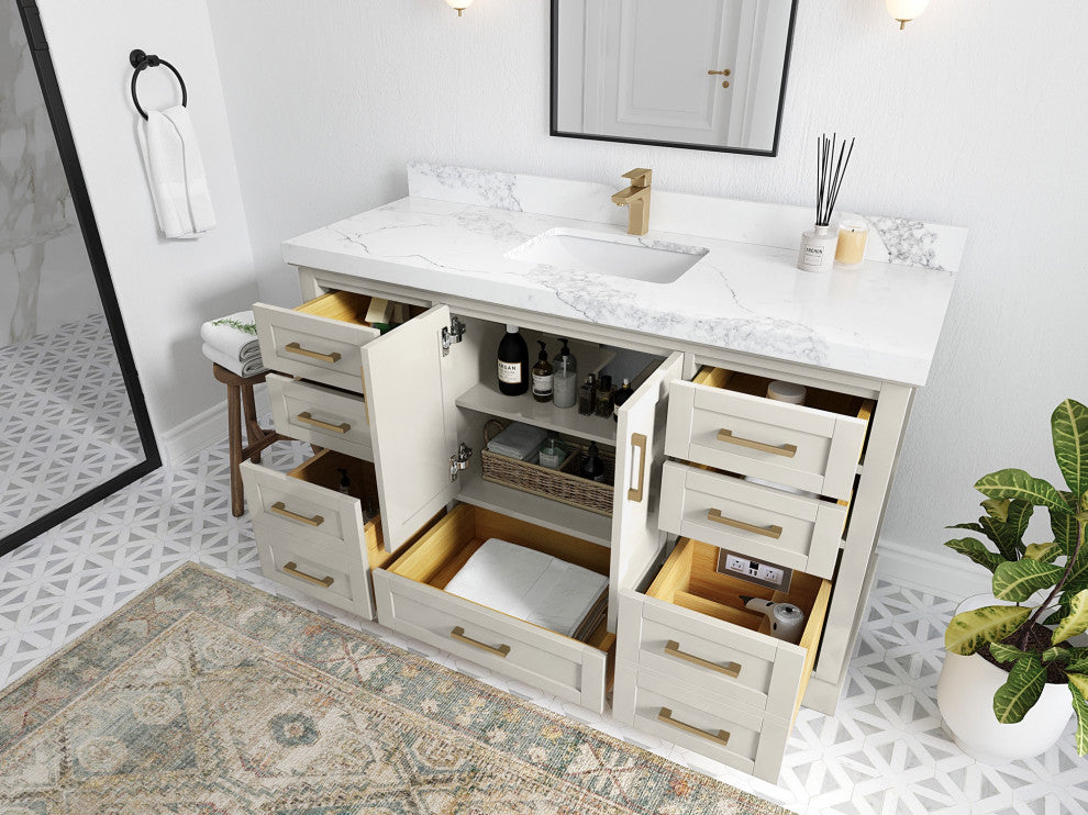Boston 60" Single Bathroom Vanity in Alabaster 2" Calacatta Sienna