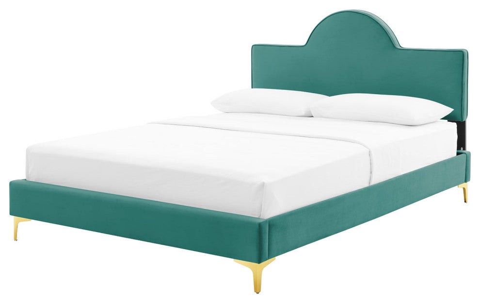 Platform Bed Frame, King Size, Teal Blue, Velvet, Modern, Bedroom Guest Suite