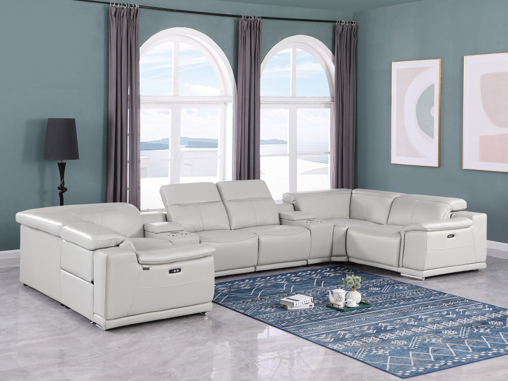 Federico 8-Piece Italian Leather U Sectional, 2 Power Recliners, Light Gray
