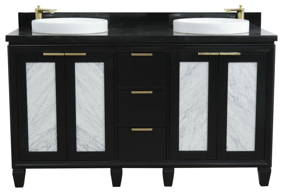 61" Double Sink Vanity, Black Finish With Black Galaxy Granite And Round Sink