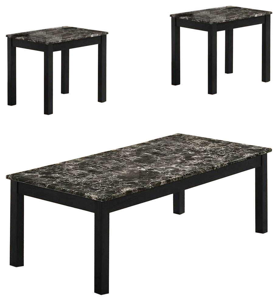 Benzara BM233098 3 Piece Coffee Table/End Table With Faux Marble Top, Black